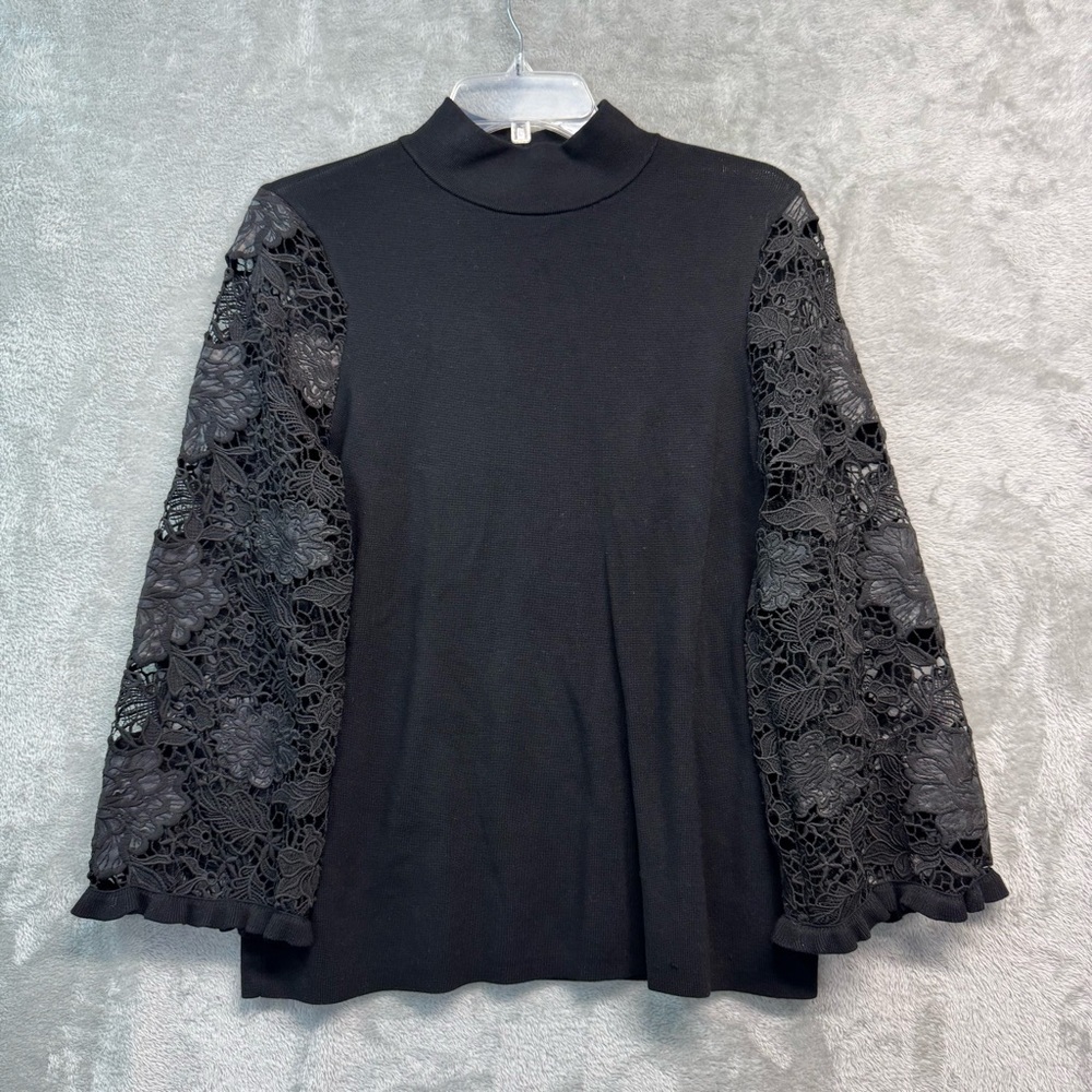 Chico’s Rare Women’s Elegant Black Knit Lace Sleeve Top Size M Chicos 1